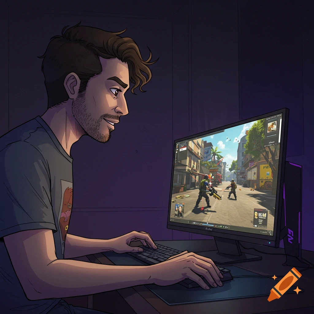 Illustration of a man playing a video game on a computer