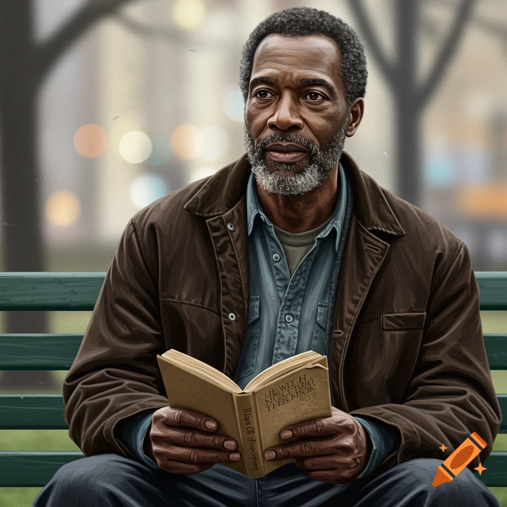 An older man with a beard is sitting on a park bench, reading a book.