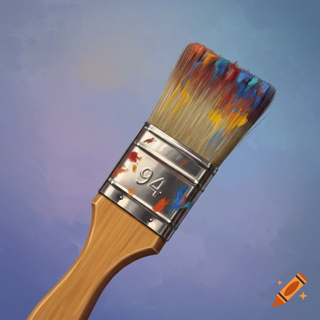 A paint brush with colorful paint on the bristles against a blue background.