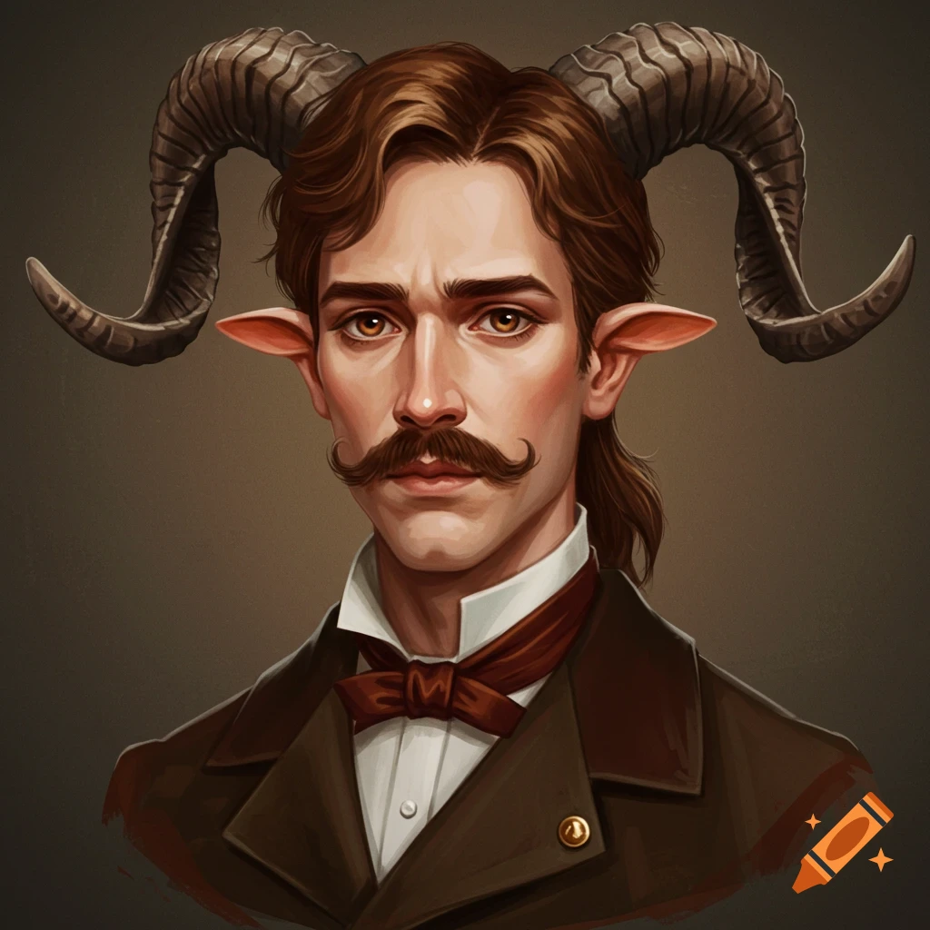 A Victorian man with goat horns, ears, and mustache is wearing a suit.
