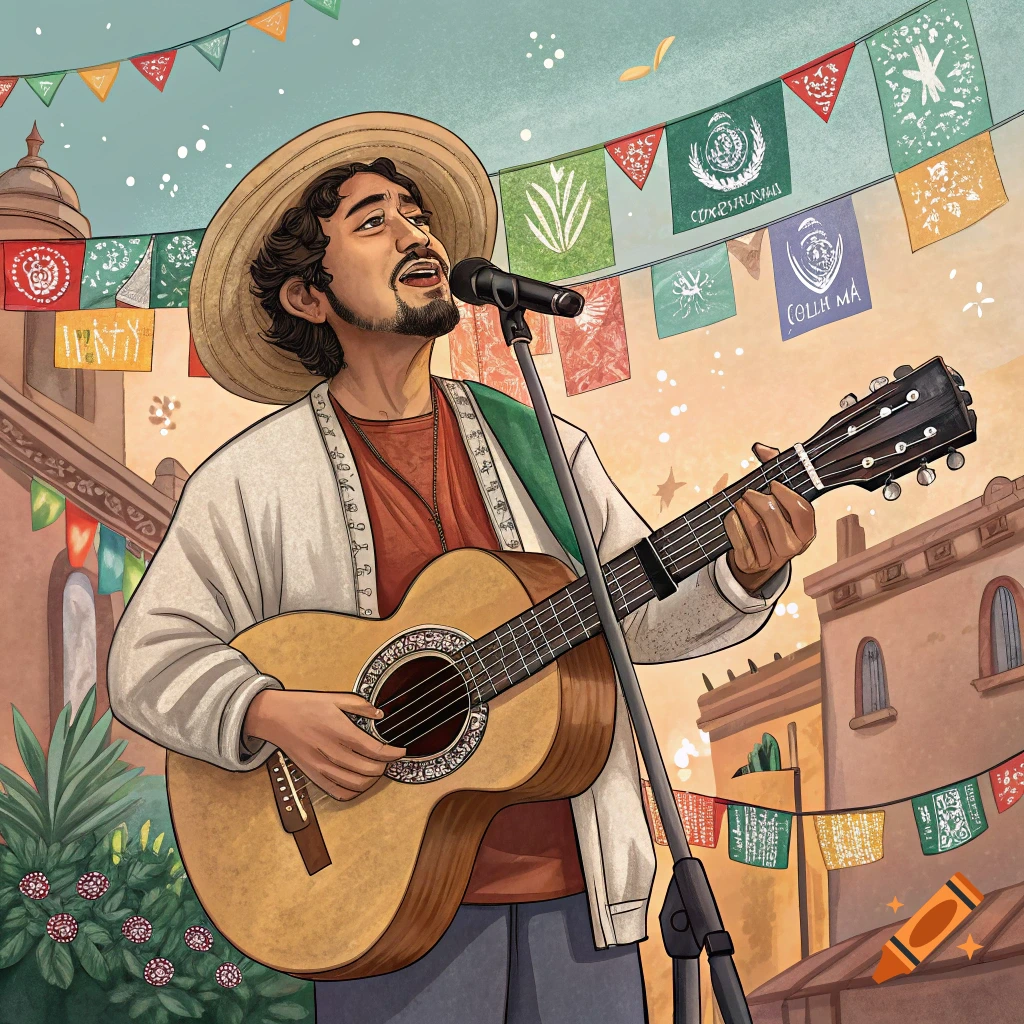 Illustration of a man in a hat singing and playing guitar outdoors with decorative banners.