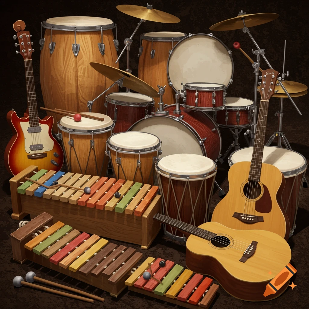 A still life of drums, guitars, and xylophones.