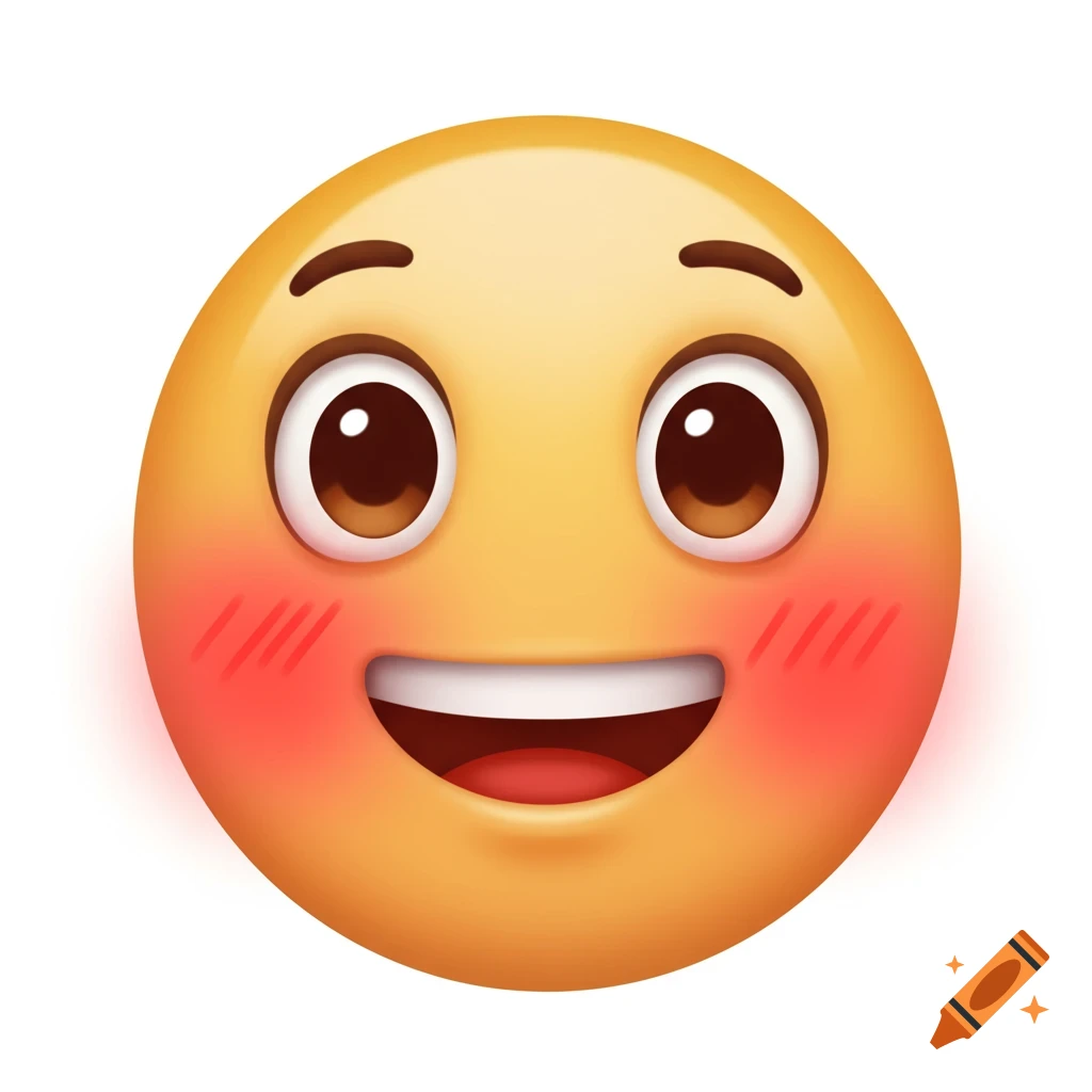 A 3D rendering of a blushing emoji face.