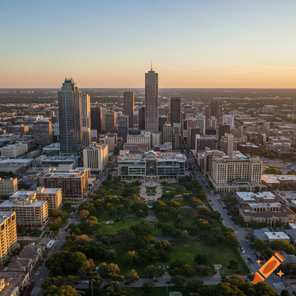 Aerial view of a city skyline with tall buildings and a large central park at sunset
