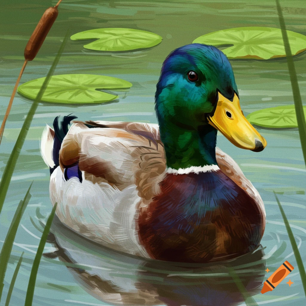 A mallard duck swimming in a pond with lily pads.