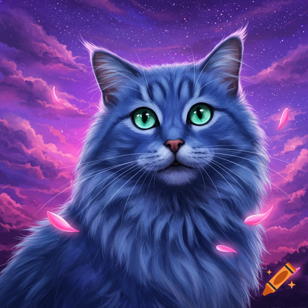 A blue cat with green eyes against a starry purple sky with pink clouds and falling petals.