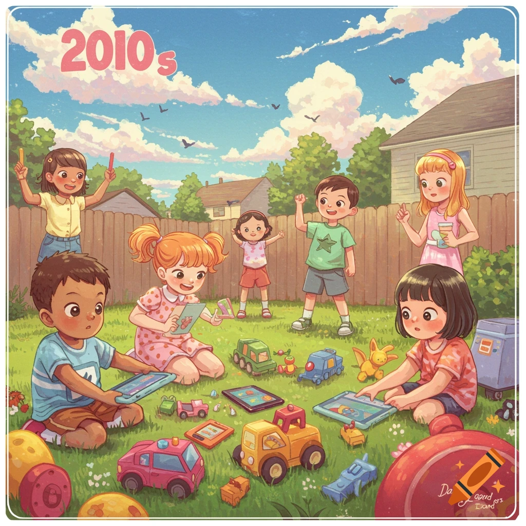 Diverse children playing with toys and gadgets in a sunny suburban backyard, evoking 2010s nostalgia.