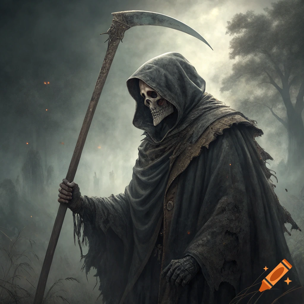 Grim Reaper figure in a dark hooded robe holds a large scythe in a foggy, atmospheric landscape with distant fires.