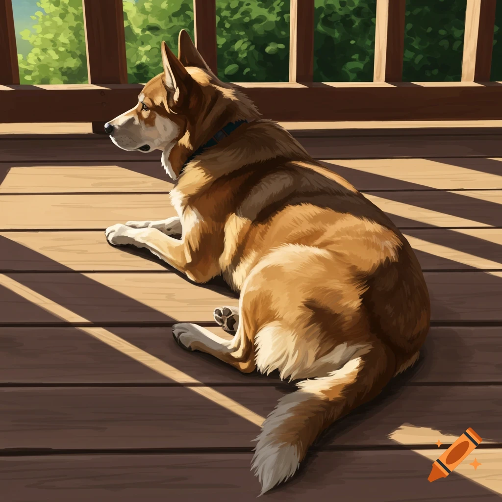 A brown dog lays on a wooden deck in sunlight.