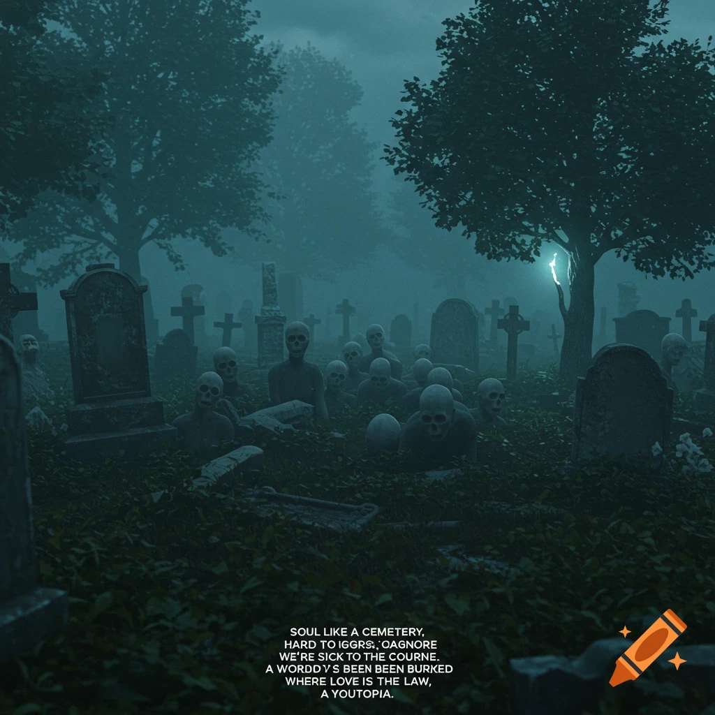 A spooky graveyard at dusk with skeletal figures rising from the ground among tombstones and trees.