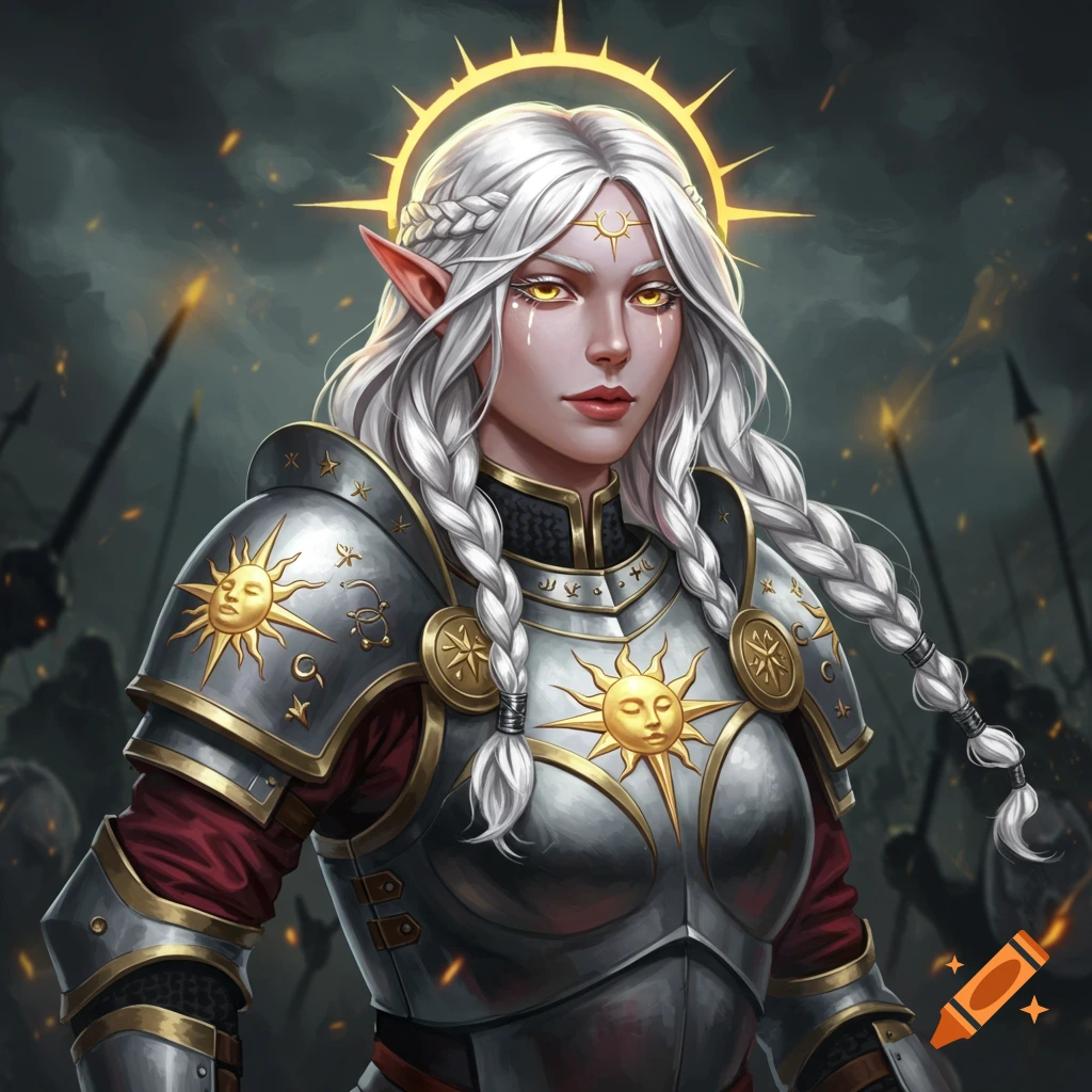 A female fantasy character in ornate armor with a halo.