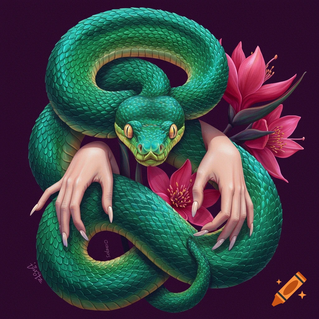 A green snake is wrapped around human hands and pink flowers on a dark background.