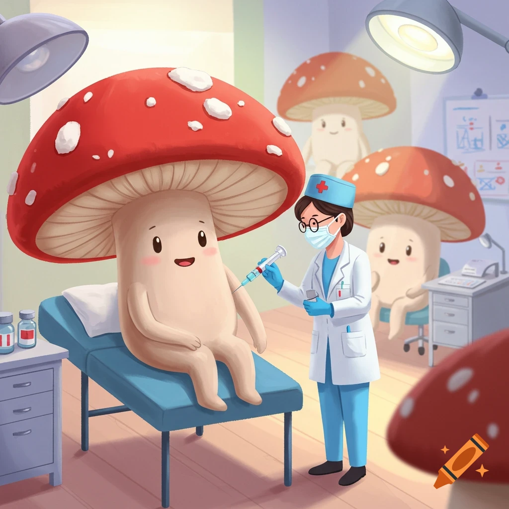 A cute mushroom patient receives a shot from a nurse in a doctor's office, with other mushrooms nearby, digital art style.