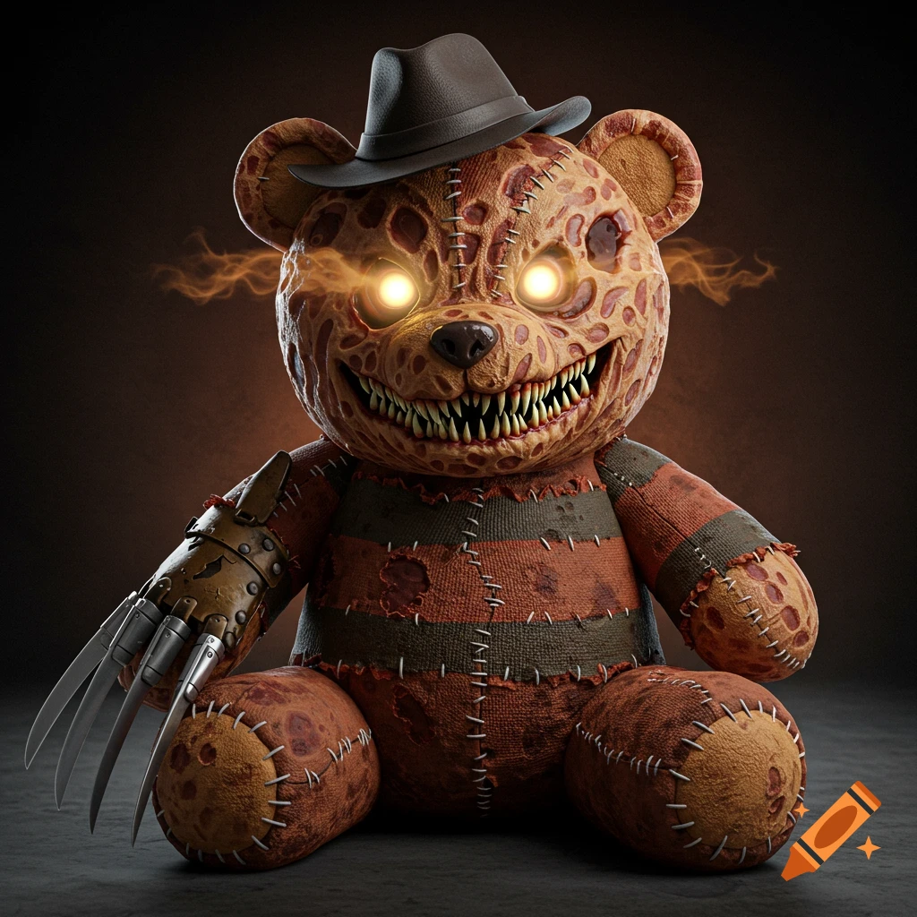 A creepy patchwork teddy bear with glowing eyes, sharp teeth, a hat, and a clawed glove sits in a dark room.