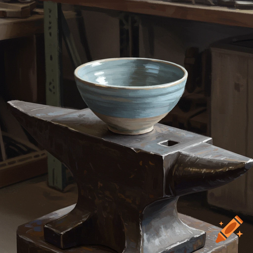 A blue and beige ceramic bowl sits on a dark metal anvil in a workshop.