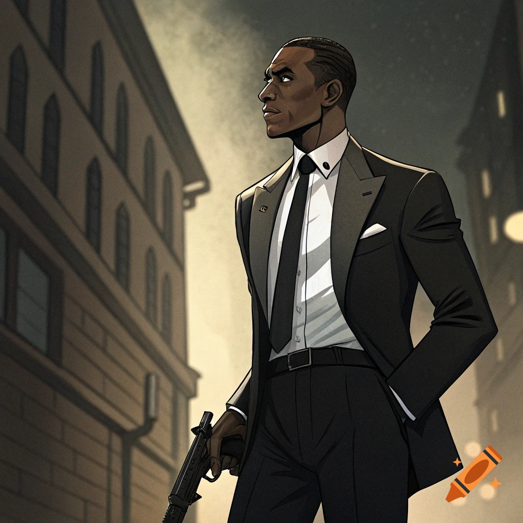 Illustration of a Black man in a suit holding a submachine gun on a city street at night in a noir style.