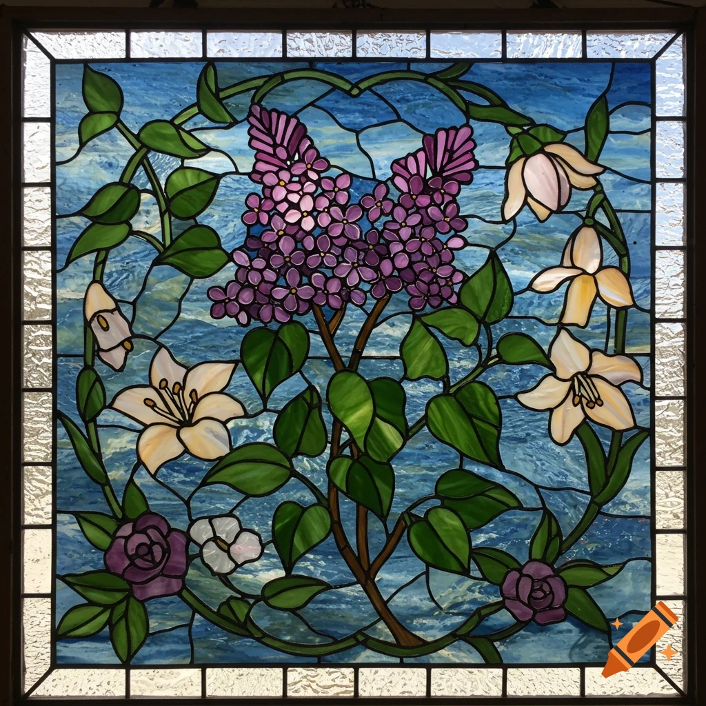 Stained glass window depicting lilac, lily, and rose flowers with vines