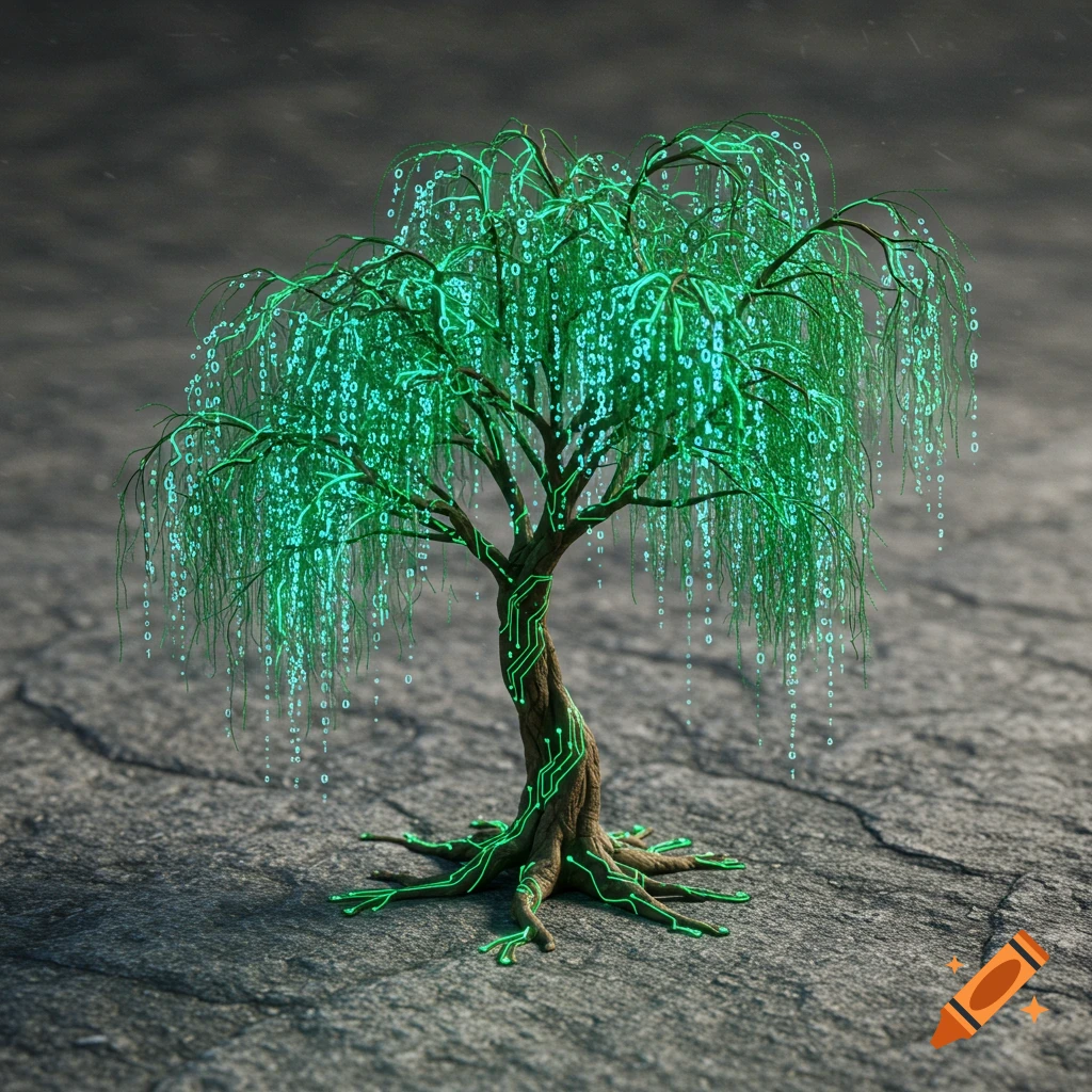 A sci-fi willow tree stands on cracked ground, with green circuit patterns on its trunk and cascading green binary code for leaves.