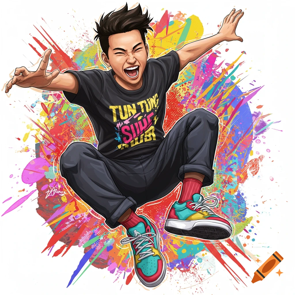 Cartoon style man jumping surrounded by colorful paint splashes