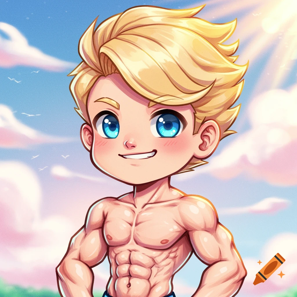 Chibi cartoon of a smiling blond boy with muscles against a sunny sky.