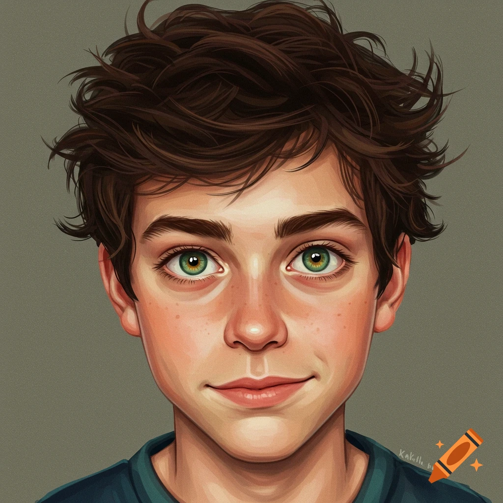 Portrait of a person with green eyes and brown hair.