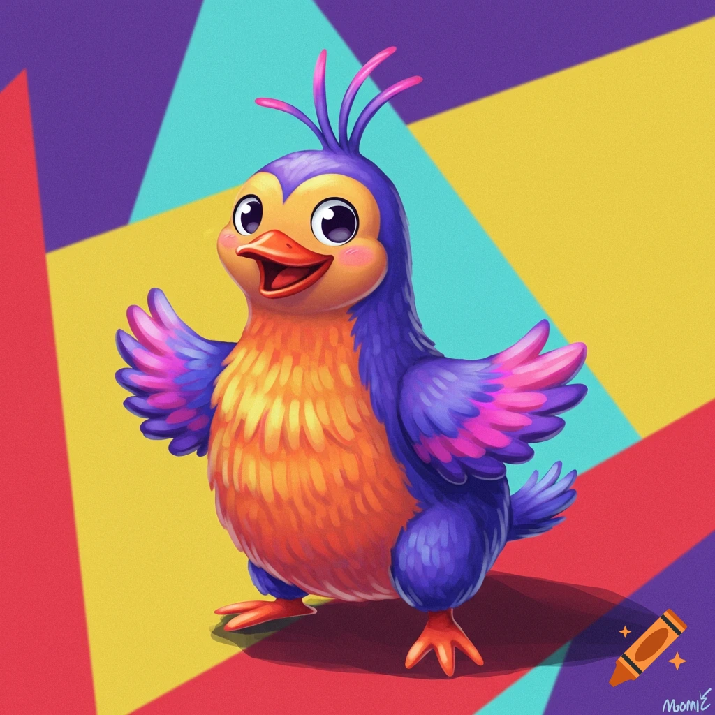 A cartoon bird with purple, orange, and pink feathers smiles against a colorful abstract background.