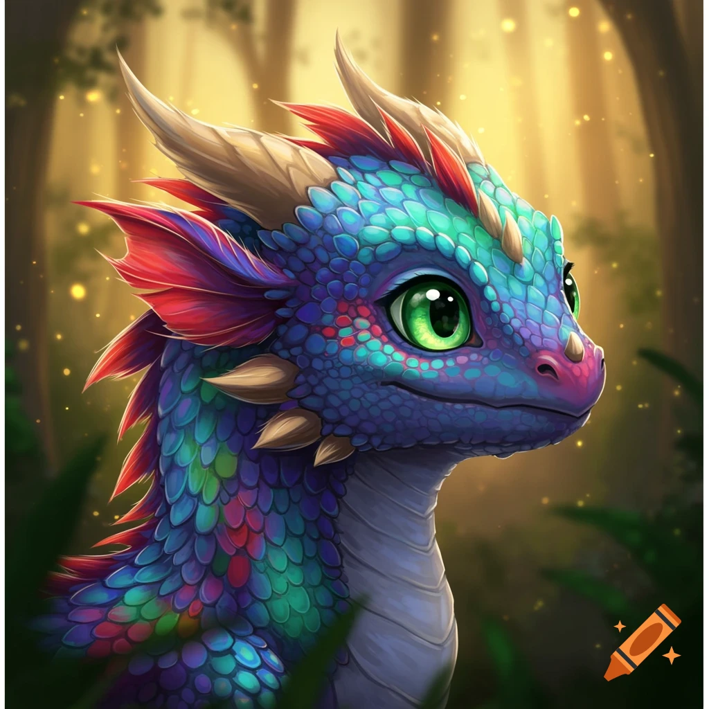 Close-up of a cute, colorful baby dragon with green eyes in a golden forest.