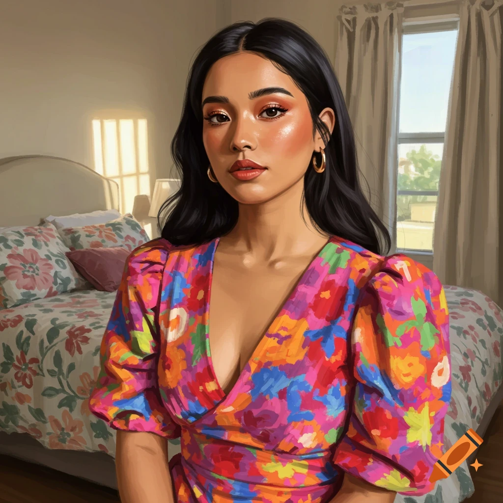 A woman in a colorful floral dress sitting on a bed in a bedroom.
