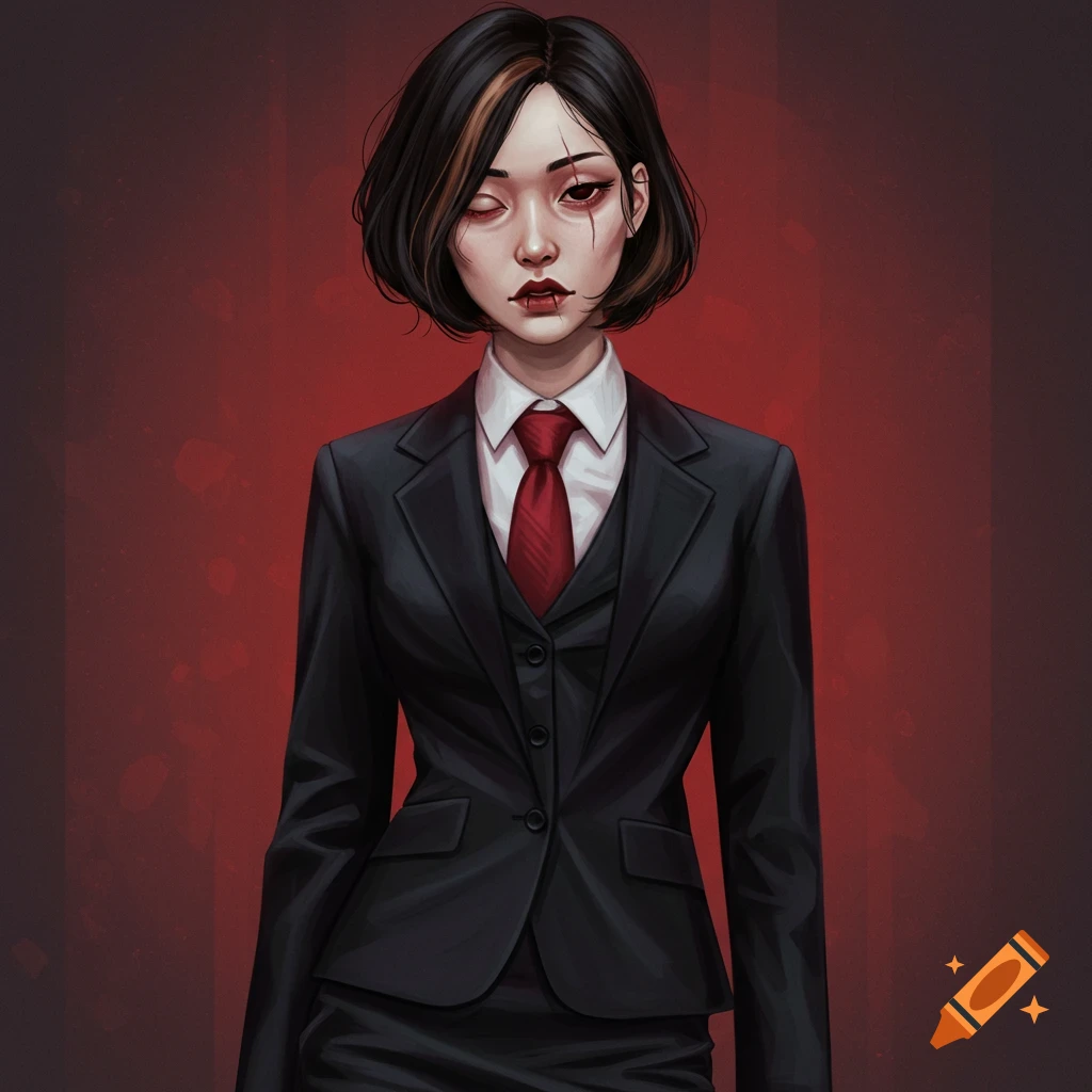 Digital art portrait of a woman with short dark hair, scars, and red lipstick, wearing a black suit and red tie.