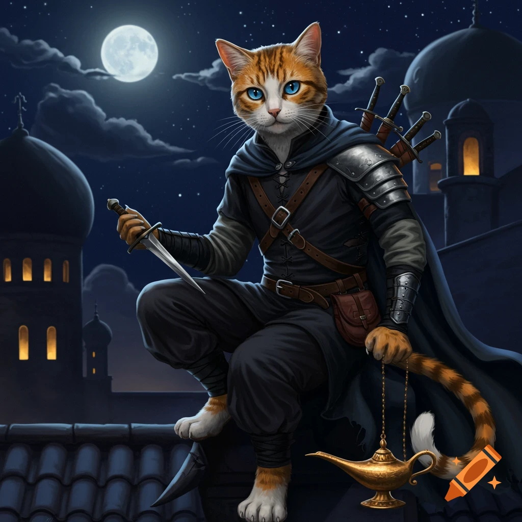 A cat-person warrior crouches on a roof at night, holding a dagger and a genie's lamp, with a full moon and buildings behind.
