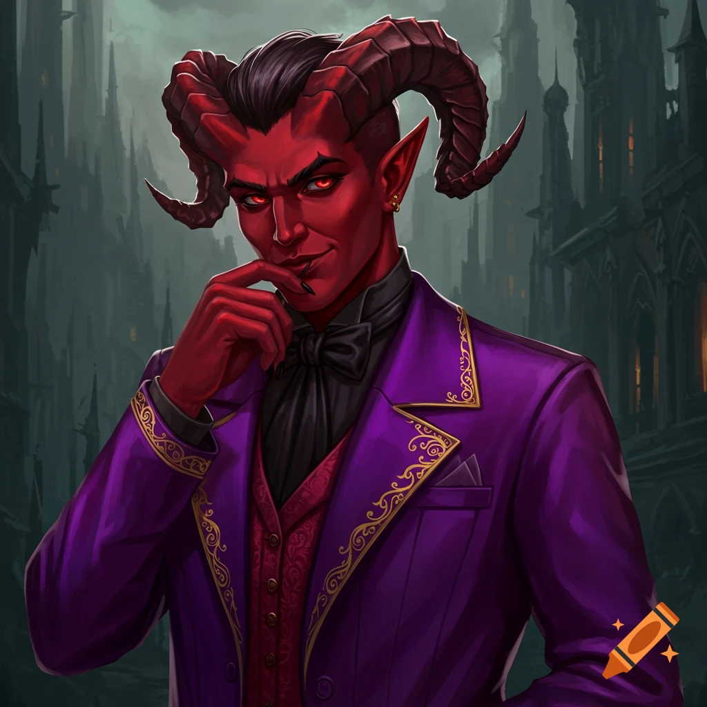 A red-skinned character with horns and glowing eyes, wearing a purple suit.