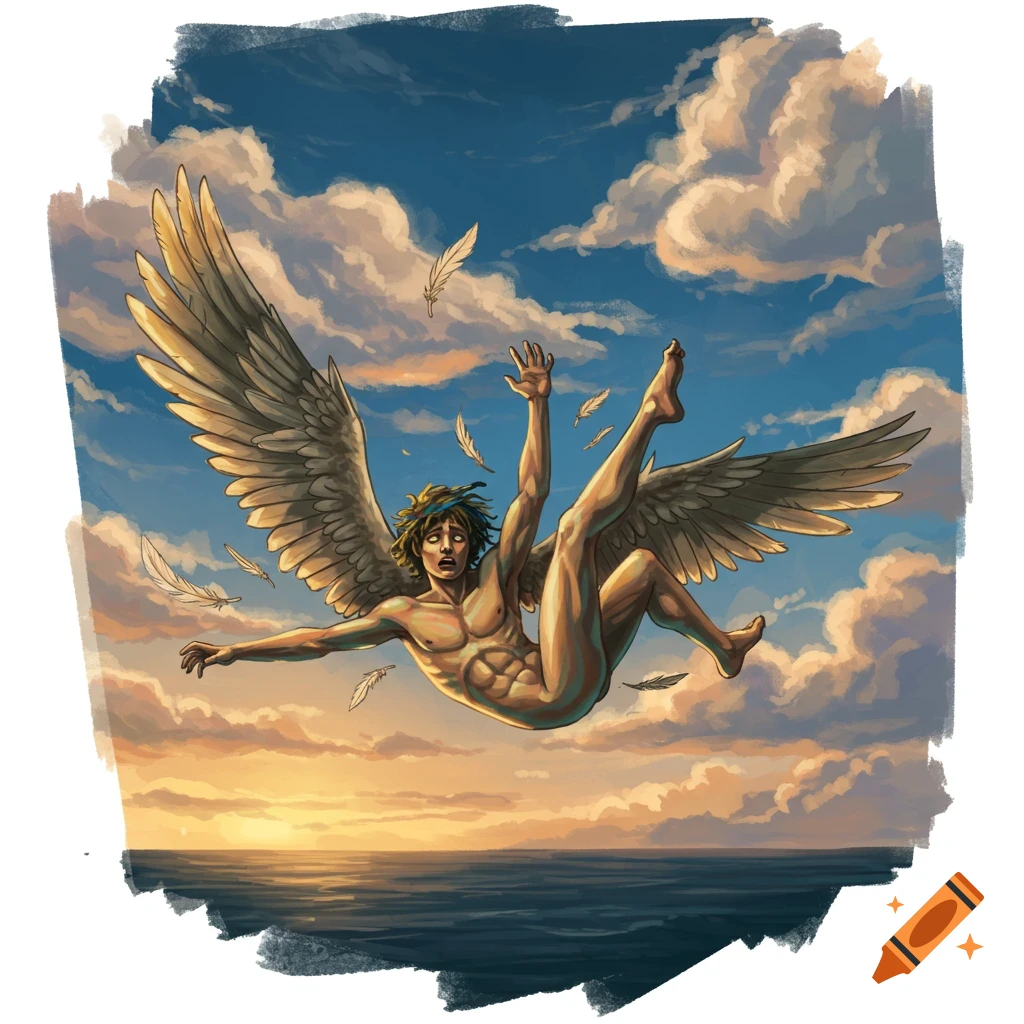 Icarus falling from the sky, losing feathers, above an ocean at sunset.