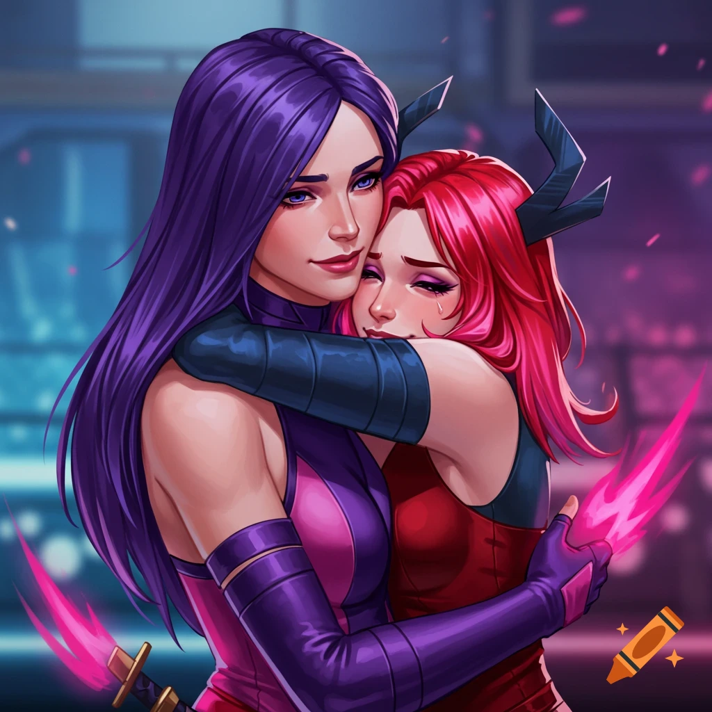 Two women, one with purple hair in purple clothes, hugging another with pink hair in red clothes.