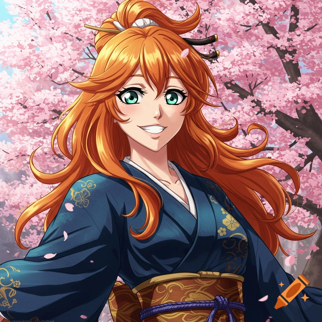 Anime girl in a blue kimono under a cherry blossom tree