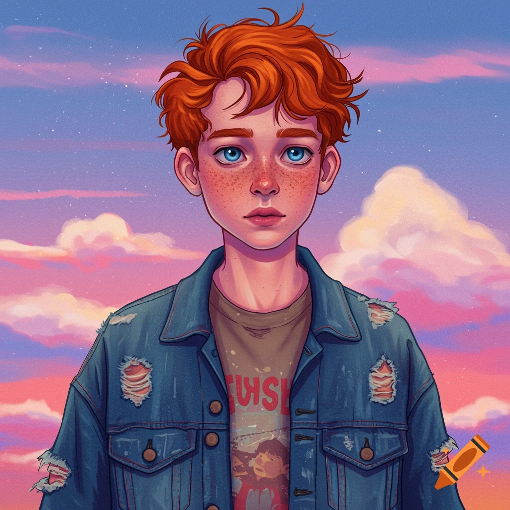 Image of a red-haired boy with freckles in a denim jacket against a vibrant, stylized sunset sky with clouds.