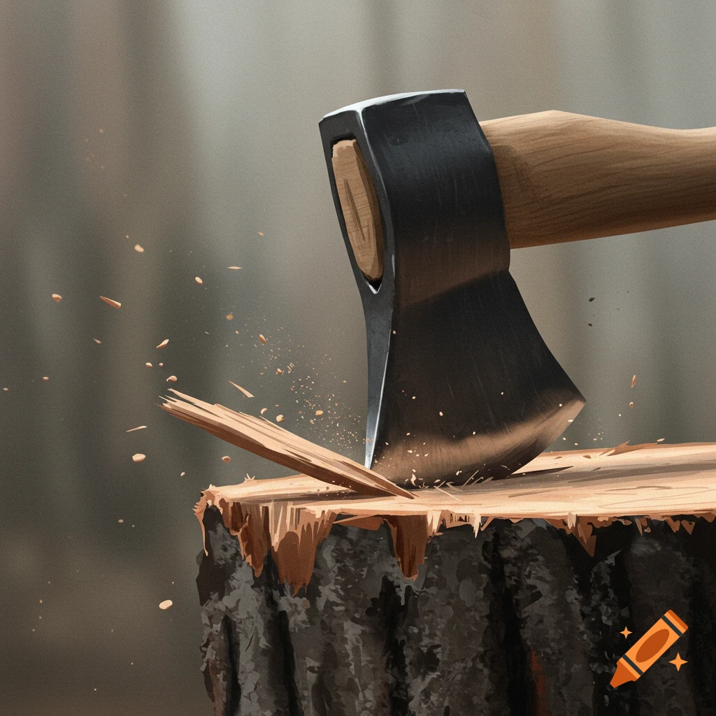An axe striking a log, sending wood chips flying.