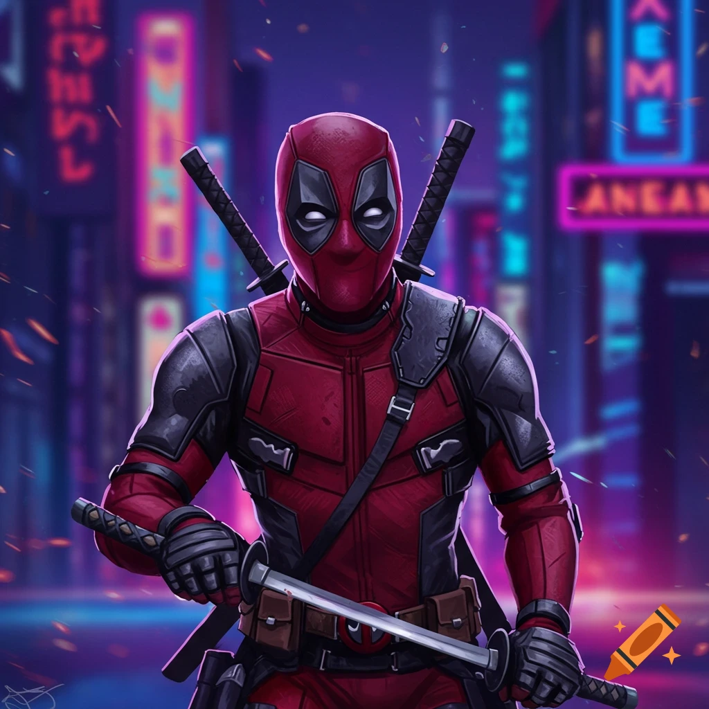 Deadpool in his red suit holding swords against a neon cityscape background.