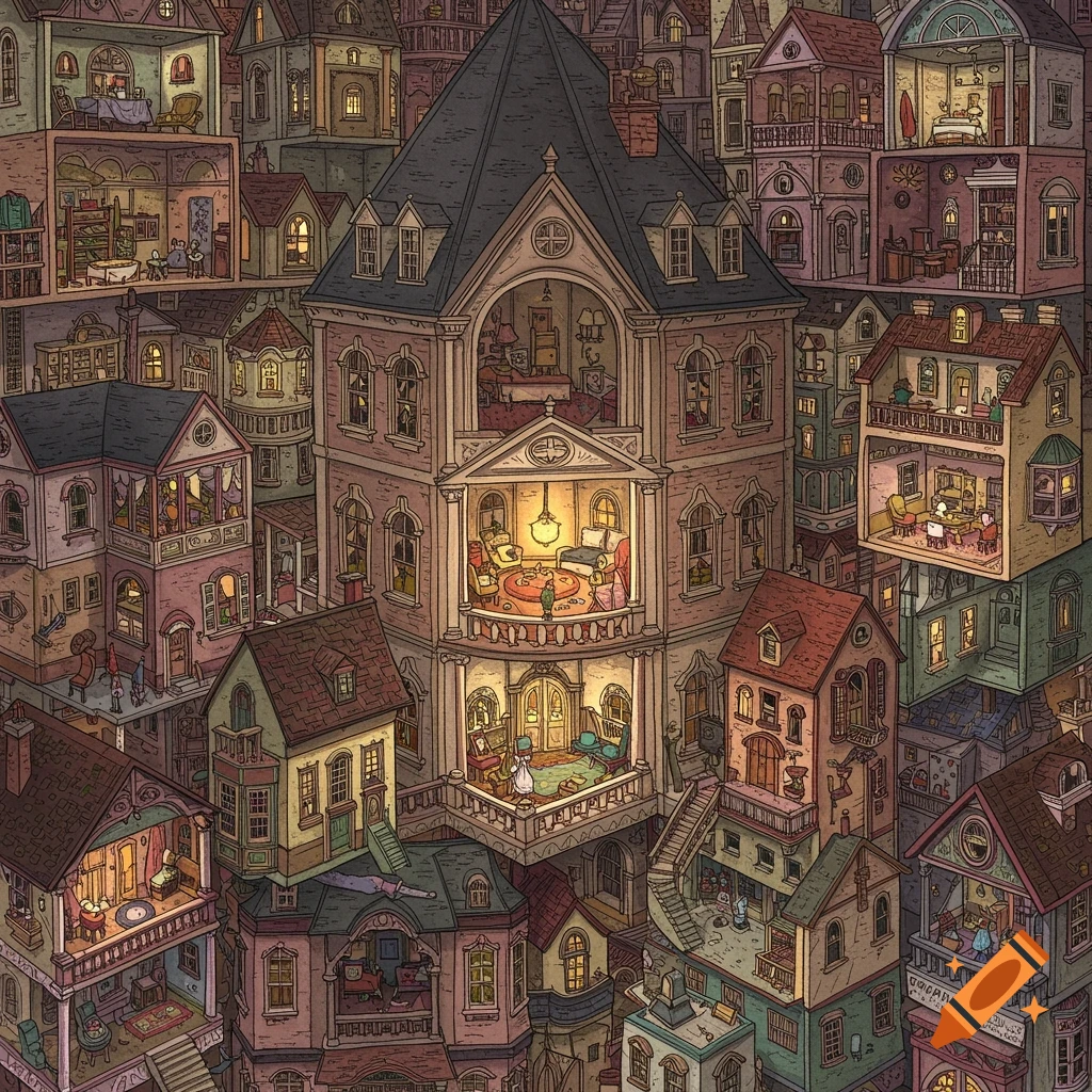 Detailed illustration of numerous stacked dollhouses with visible interiors and tiny figures.
