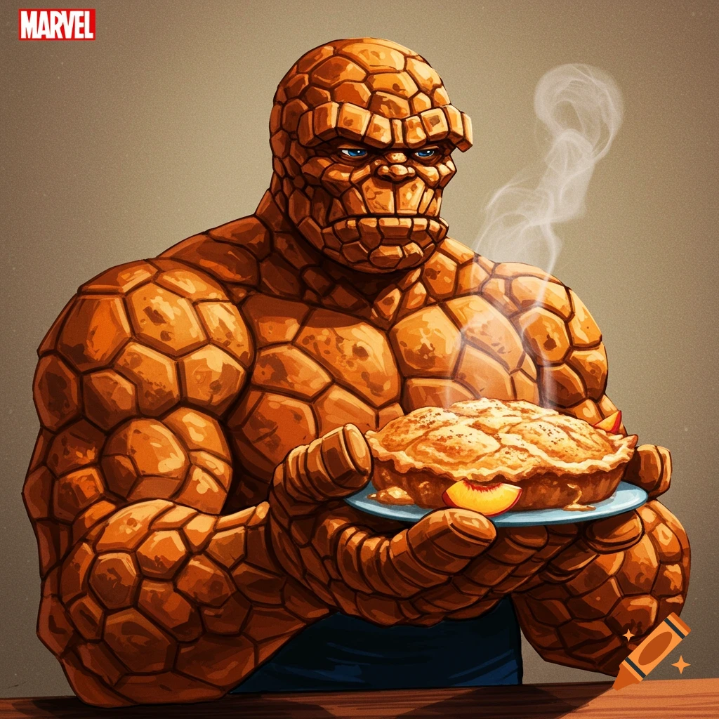 The Thing from Fantastic Four holds a steaming peach cobbler.