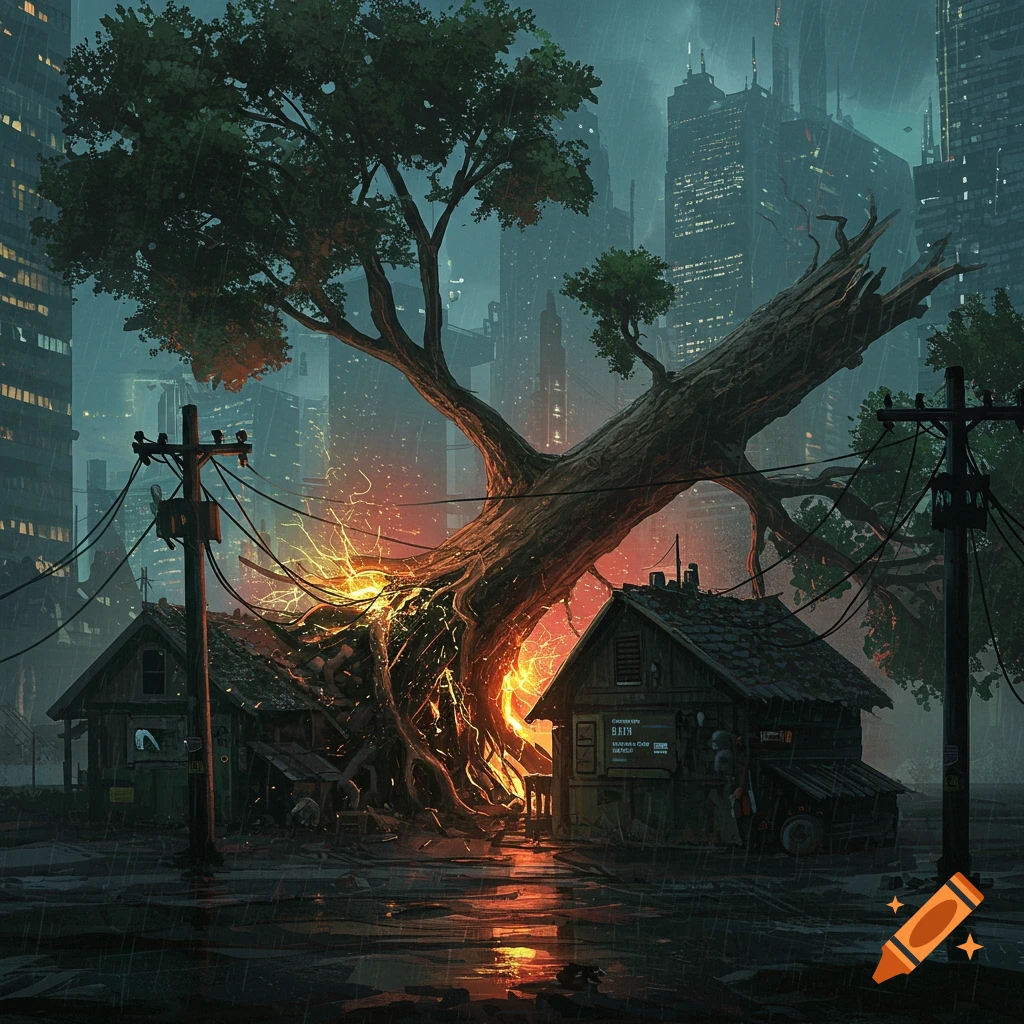 A large fallen tree with glowing roots lies near small buildings and power lines in a rainy cyberpunk city.
