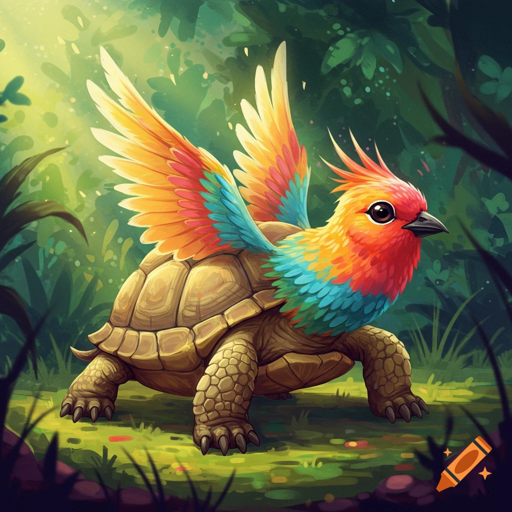 A colorful fantasy creature, a turtle with bird wings and head, stands in a forest.