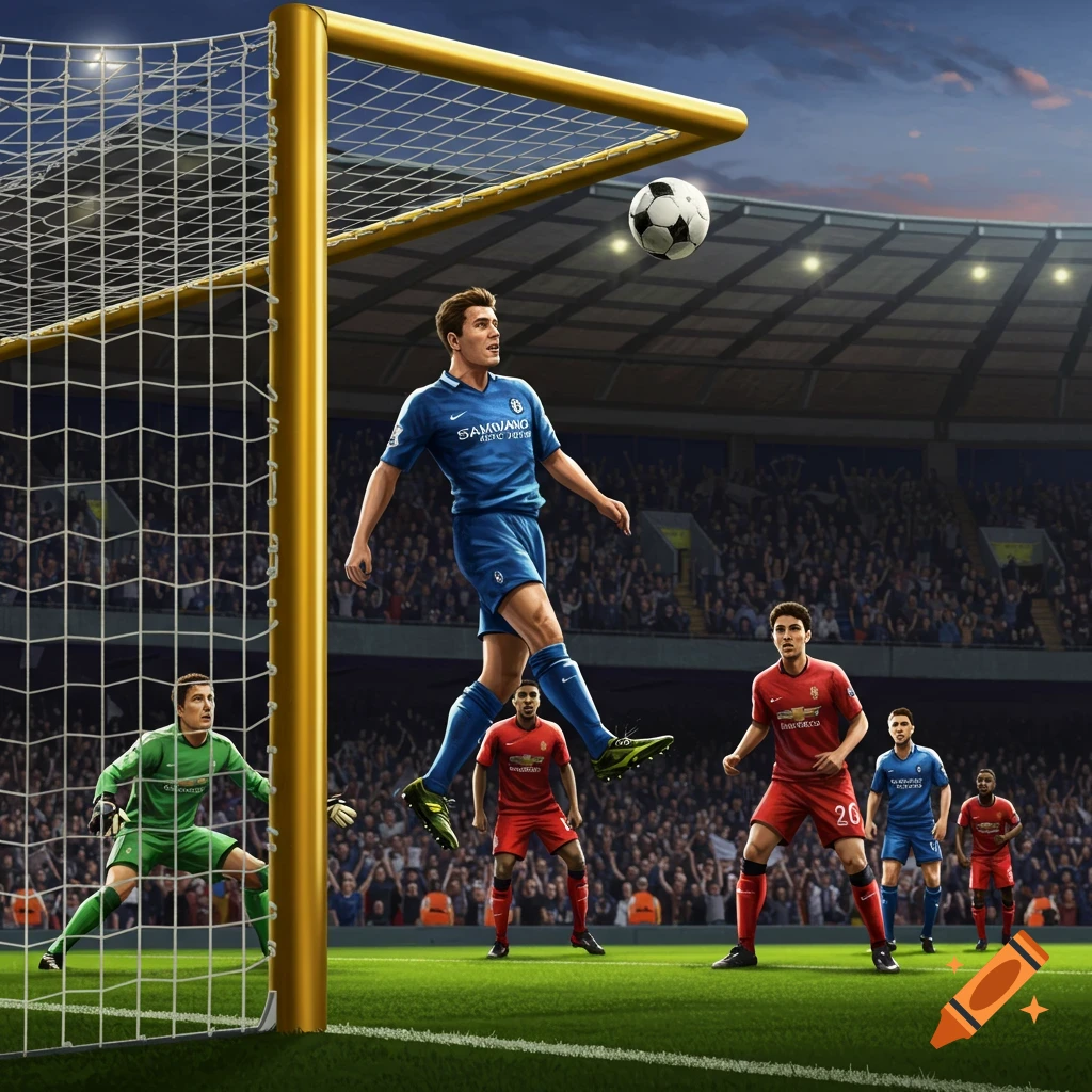 Soccer player heads ball into goal in stadium during game