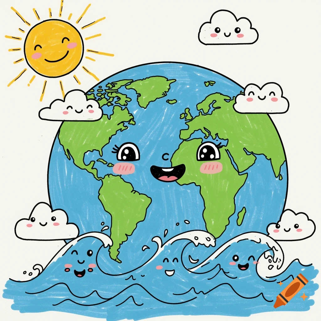 A cheerful cartoon illustration of planet Earth with a smiling face, surrounded by happy smiling sun, clouds, and waves.