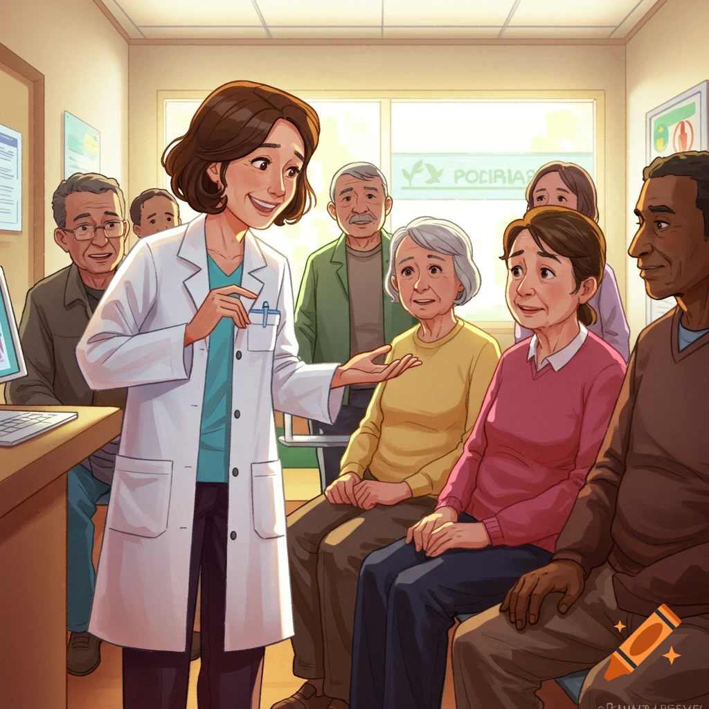 A doctor talks to a group of older patients in a clinic.