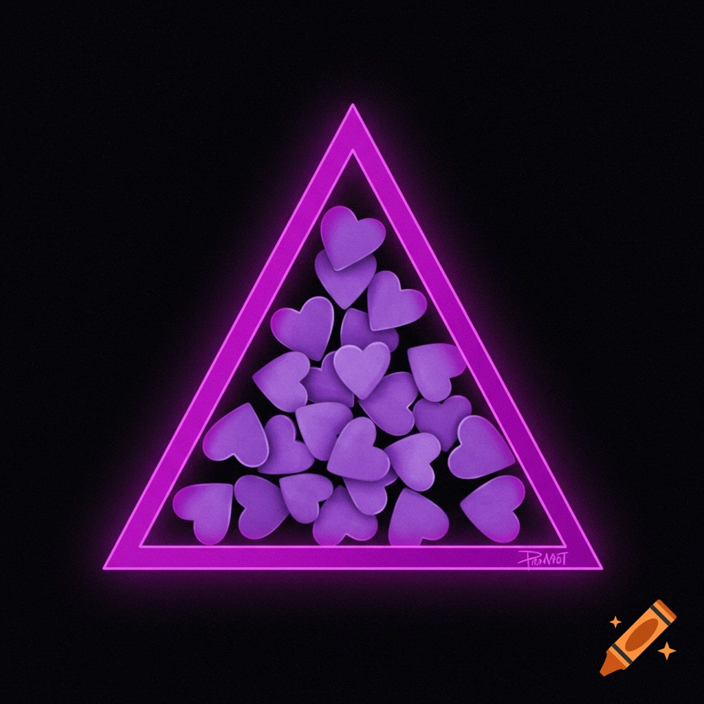 A glowing purple triangle is filled with small purple hearts on a black background.