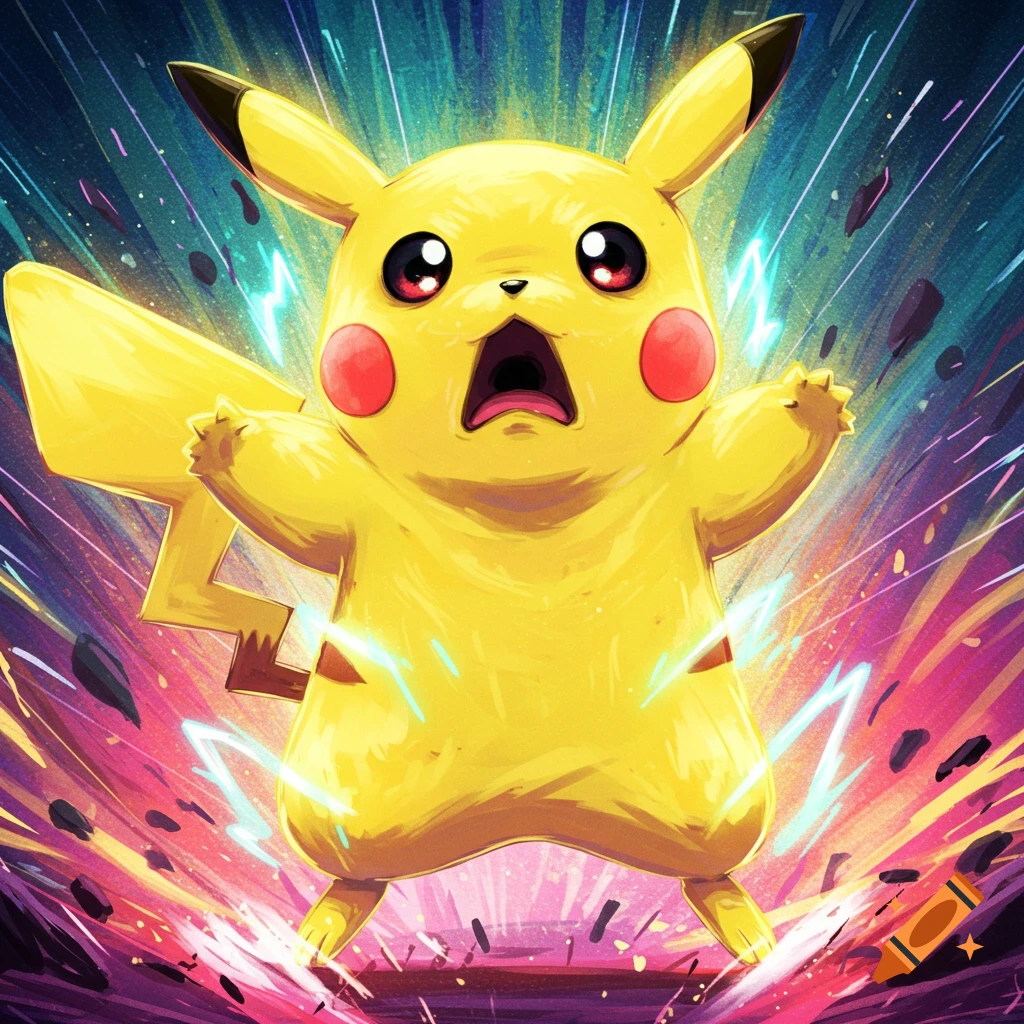 A shocked Pikachu is surrounded by colorful electric effects and debris.