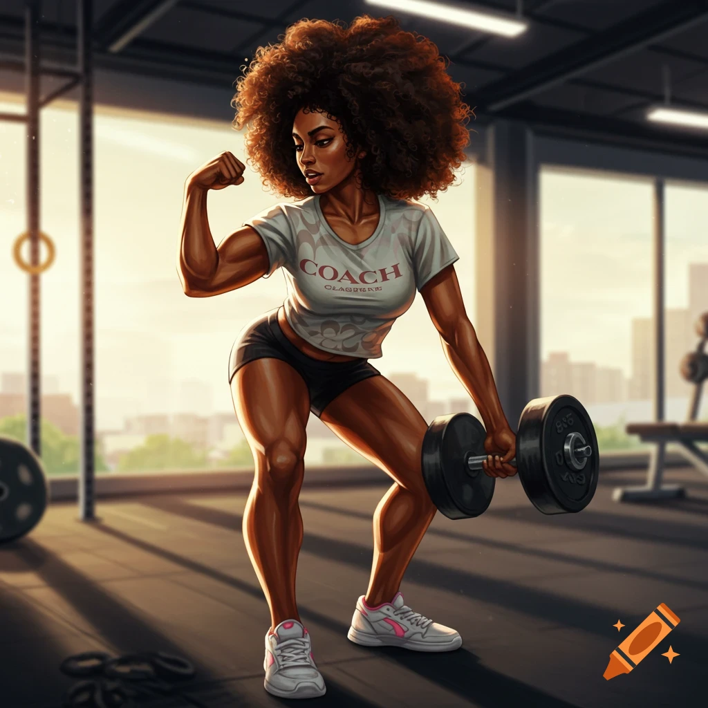 A muscular Black woman with big curly hair is wearing a COACH shirt, flexing and lifting a dumbbell in a gym.