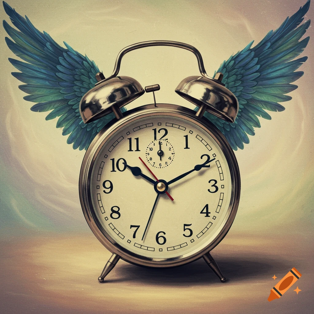 A surreal image of a vintage alarm clock with blue wings.