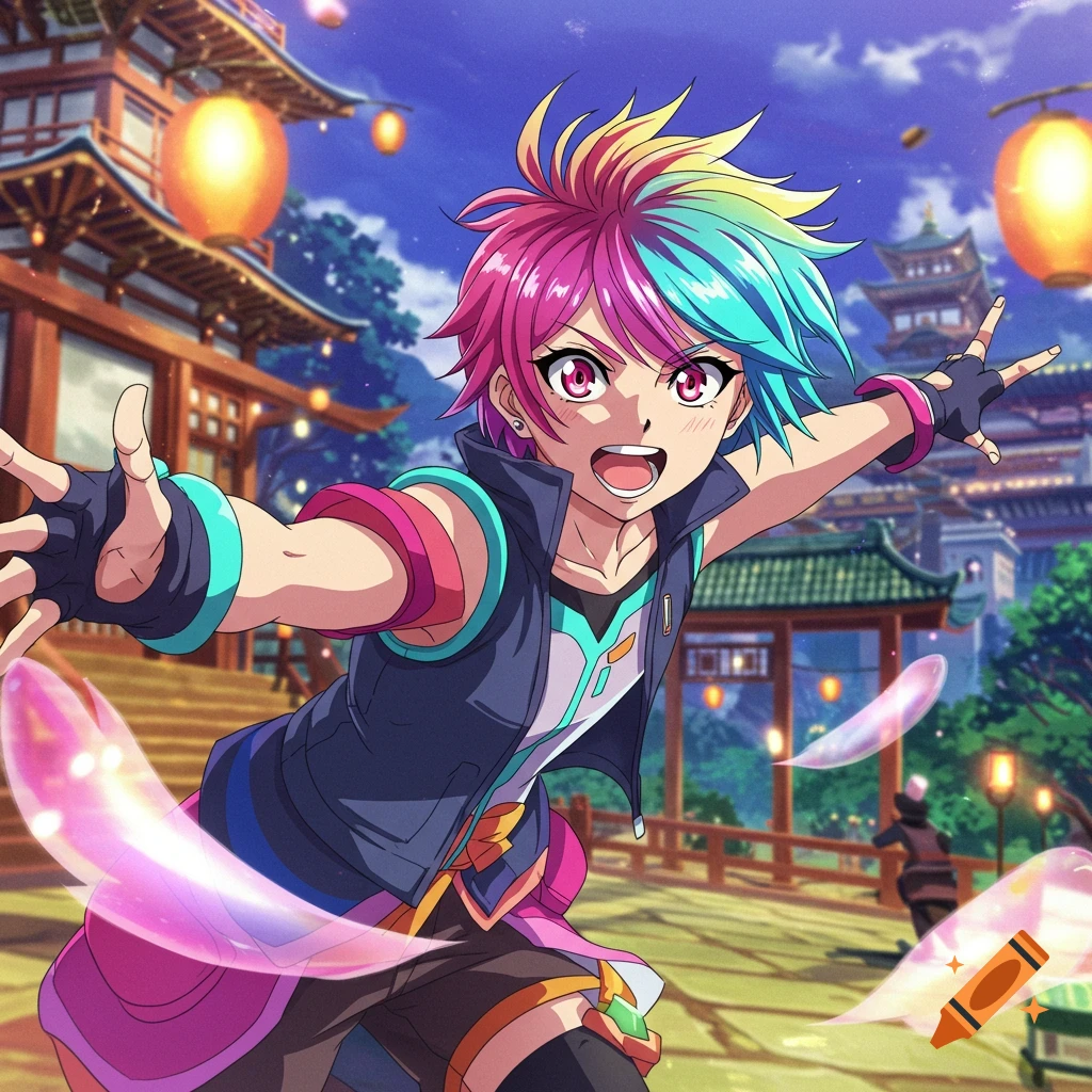 A vibrant anime character with rainbow hair reaches out in front of traditional Asian architecture.