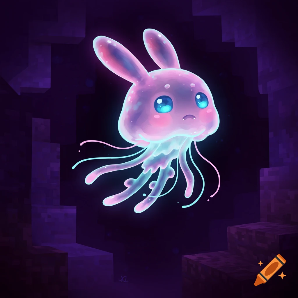 Cute glowing jellyfish creature with bunny ears in a dark, blocky cave. Digital art.